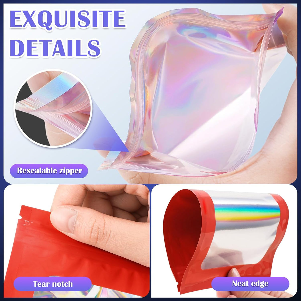 300 Pcs Mylar Bags, Smell Proof Bags Foil Pouch, Holographic Resealable Bags for Small Business, Candy Sample Jewelry Bag Sealable Packaging for Party Favor Food Storage (5.5x7.9in-Red)