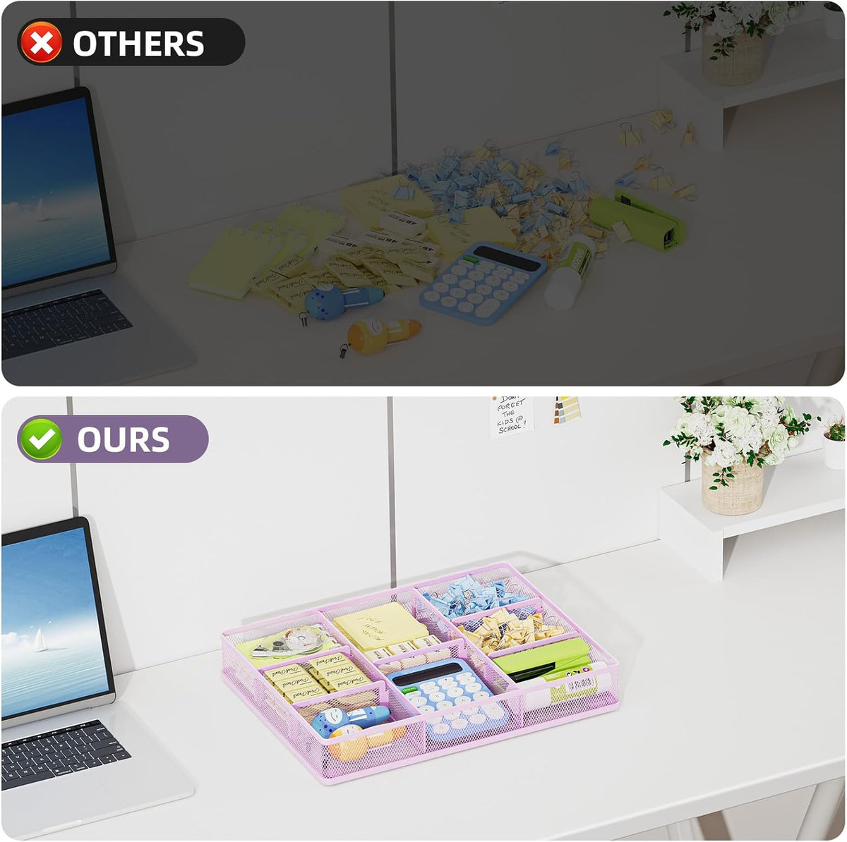 Marbrasse Desk Drawer Organizer, Metal Mesh Drawer Organizer Tray with 5 Adjustable Compartments,Desk Organizers and Accessories for Home,Office,Kitchen,Makeup,Vanity (Purple)