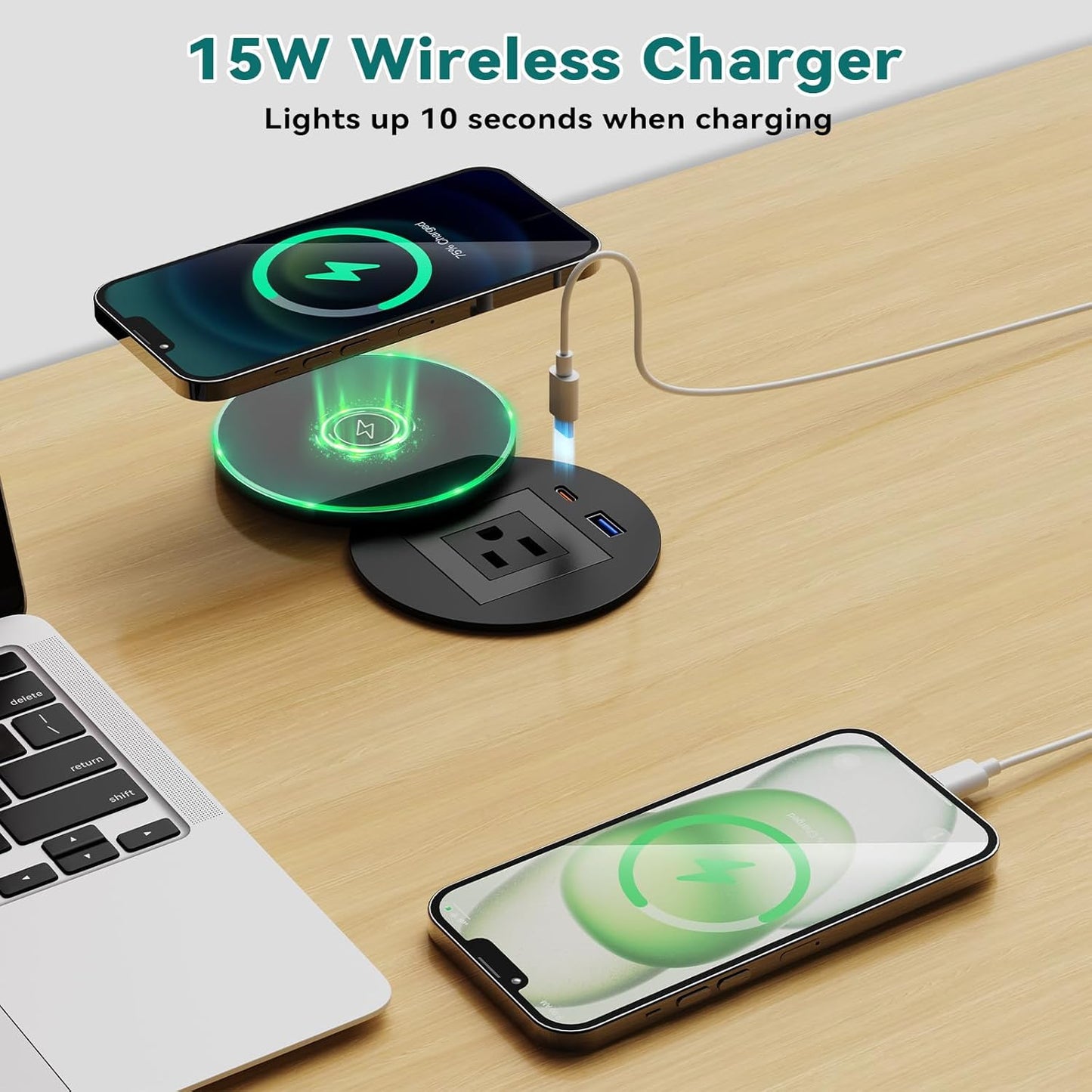 QBA Recessed Power Grommet with 15W Wireless Charger, PD 30W USB-C Port, 1 AC Outlet, 3-1/8 Inch Flush Mount Power Strip for Furniture Nightstand Desk Outlet, ETL Listed