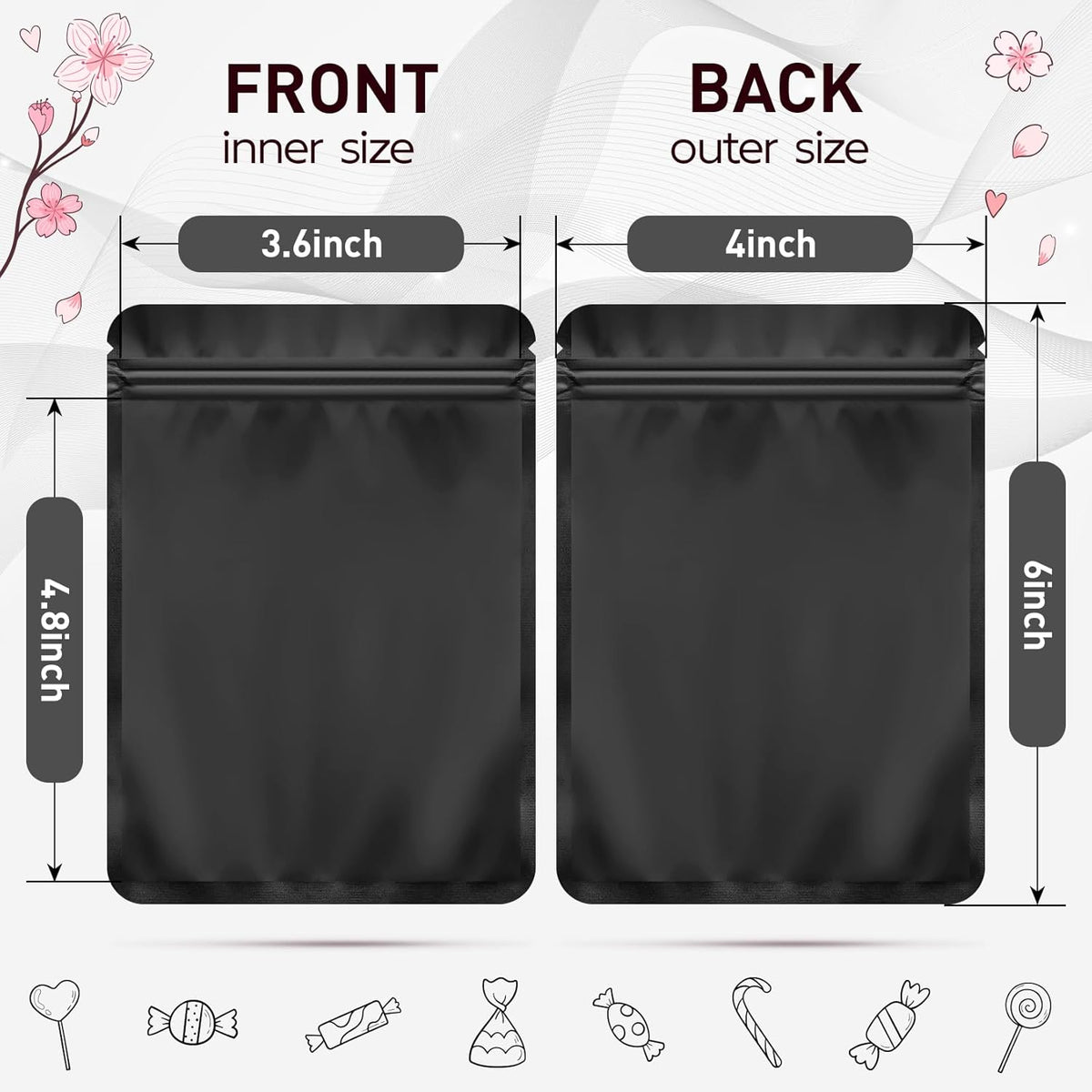 Funfery 100 Pack Black Mylar Packaging Bags Resealable Bags Double Sided Color Odor Proof Pouch Baggies Smell Proof Foil Bag for Food Storage,Small Business(Black,4x6inch)
