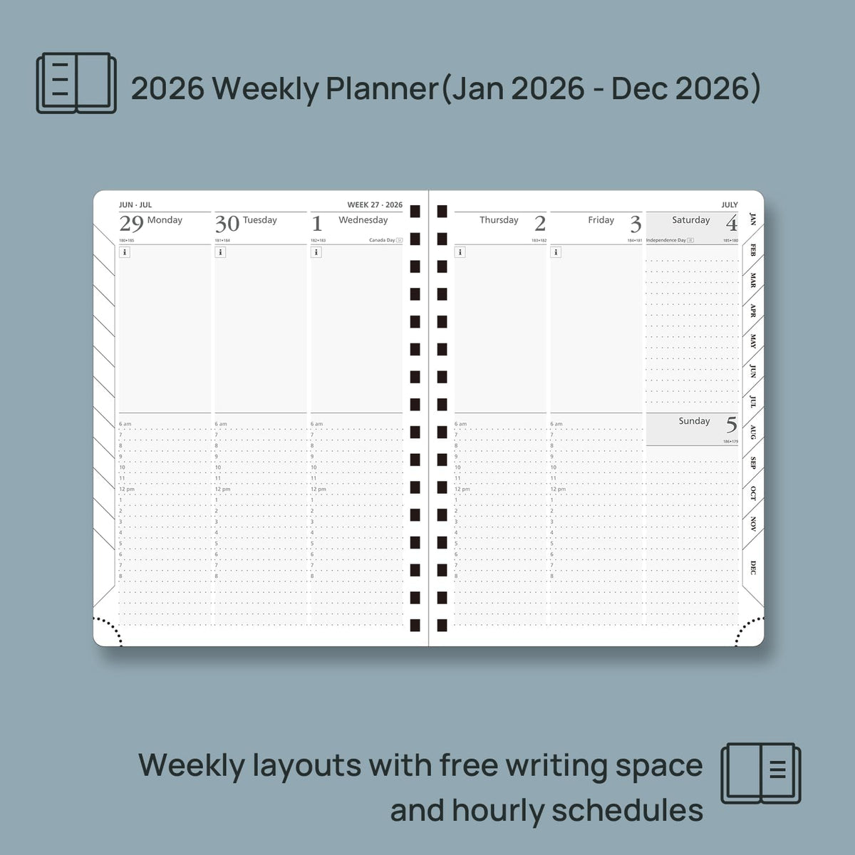 POPRUN 2026 Planner (Medium Size 8.5'' x 6.25'' Wire-Bound Hard Cover) Daily Weekly and Monthly Calendar - Agenda 2026 (Jan.2026-Dec.2026) with Hourly Schedule, Monthly Tabs - Light Yellow