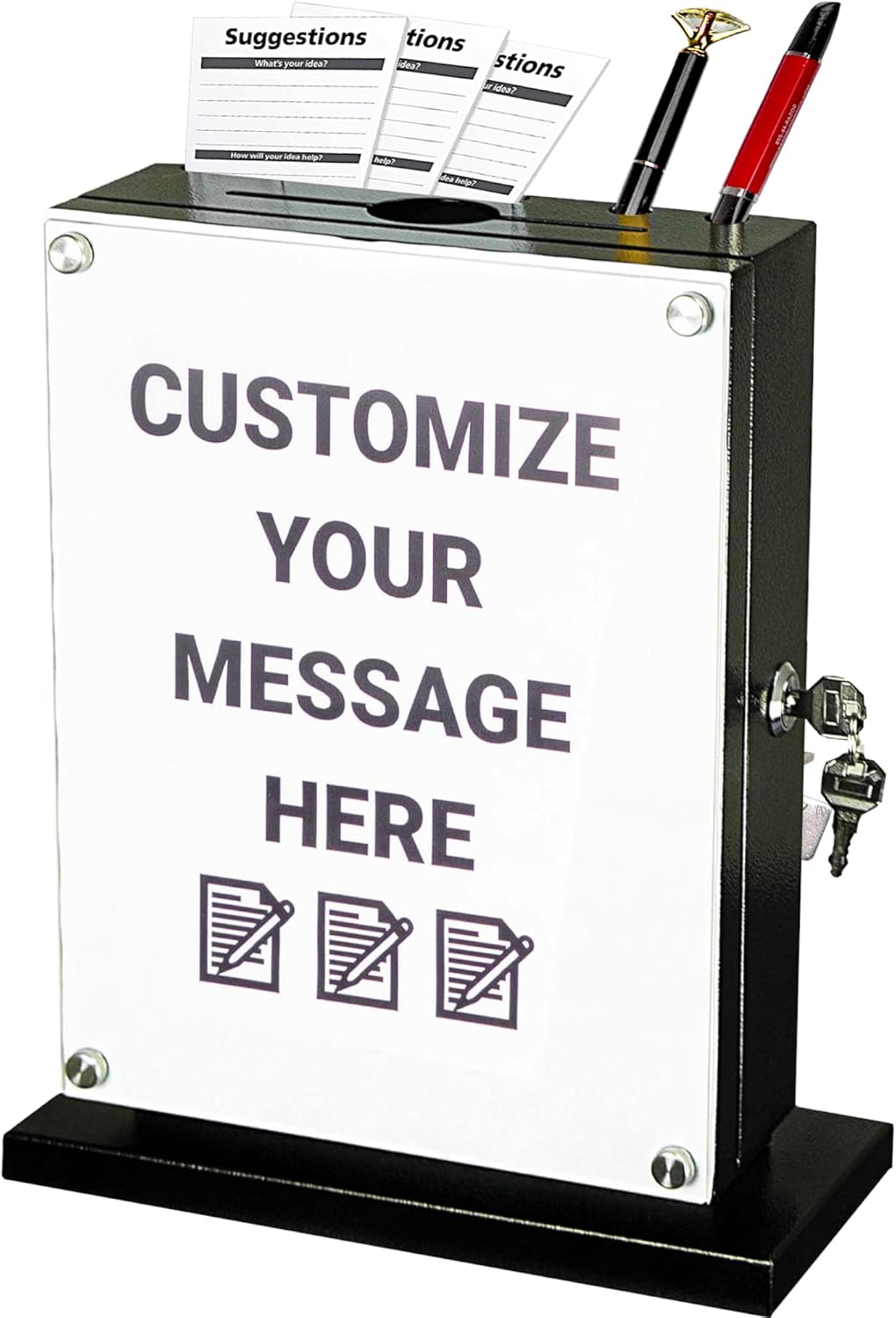 Large Suggestion Box With Slot and Lock - Metal Wall Mounted Ballot Box, Donation Case, Safe Lock Tip Jar For Fundraising, Hotel, Bar and School Voting Use (Black, 10'' x 4.75'' x 12.5'')