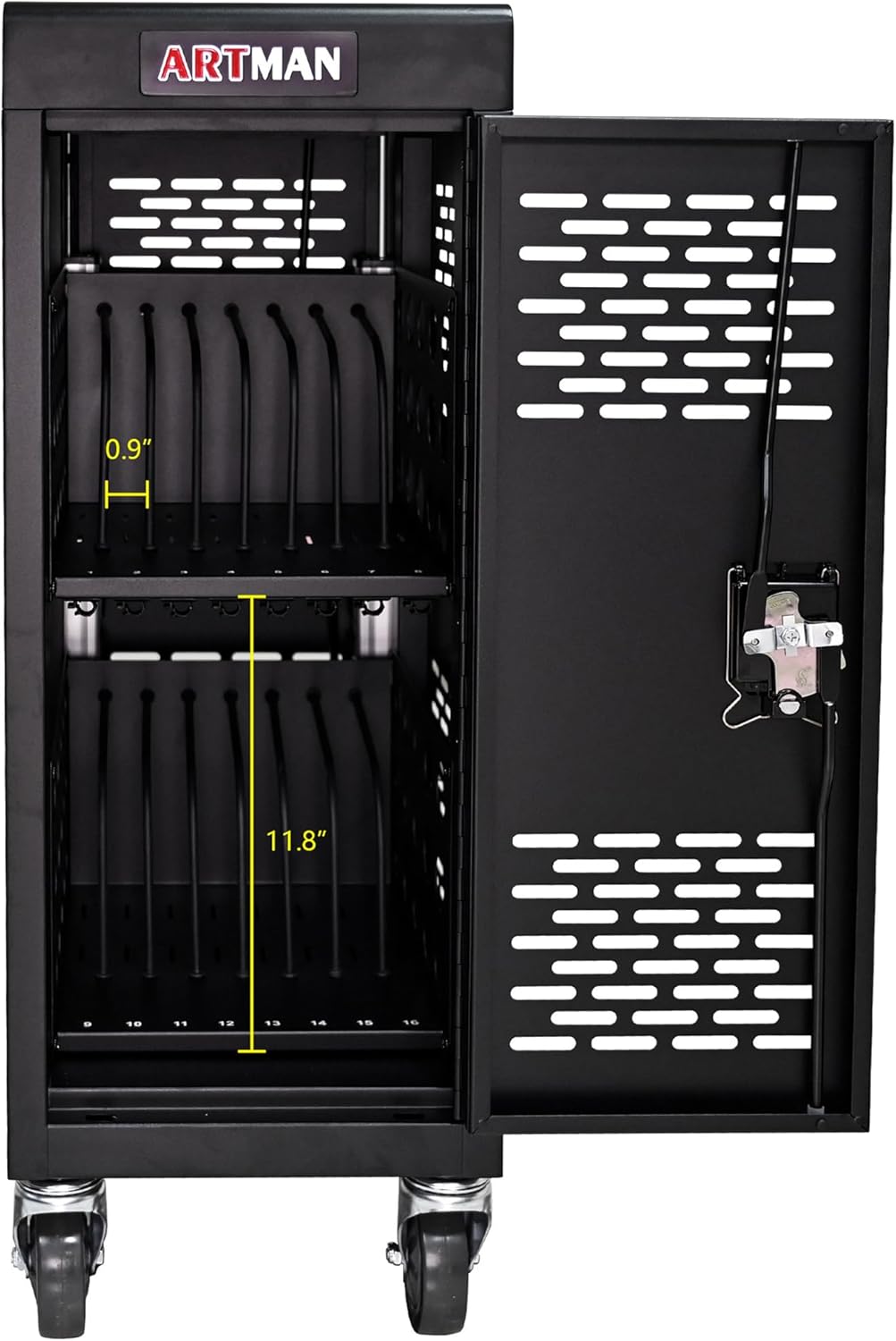 16 Device Mobile Charging Cart/Cabinet - Laptop & Tablet Storage, Lockable Station, Black