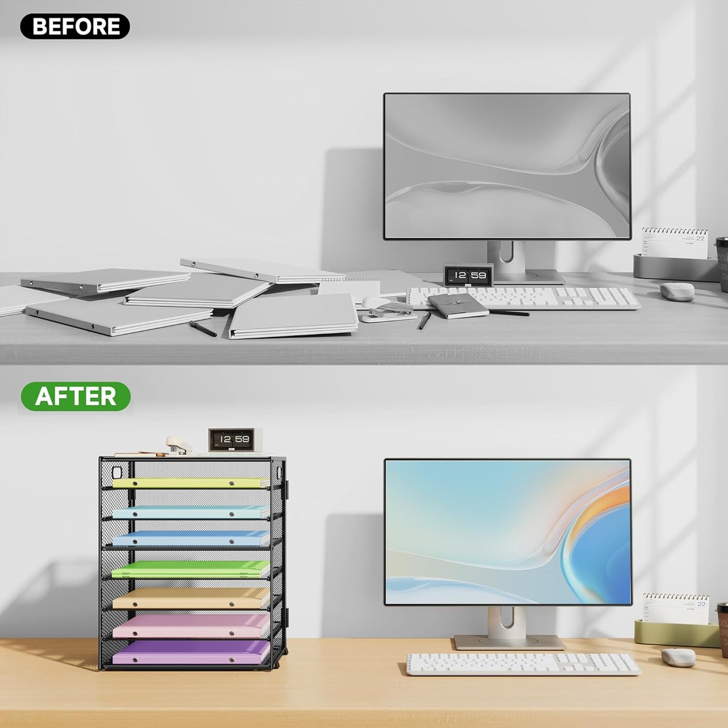 8 Tier Paper Organizer with Handle, Metal Mesh Desk File Organizer, Large Capacity Desk Organizers Paper Letter Tray Desktop Document Sorter for Office, Home or School - Black