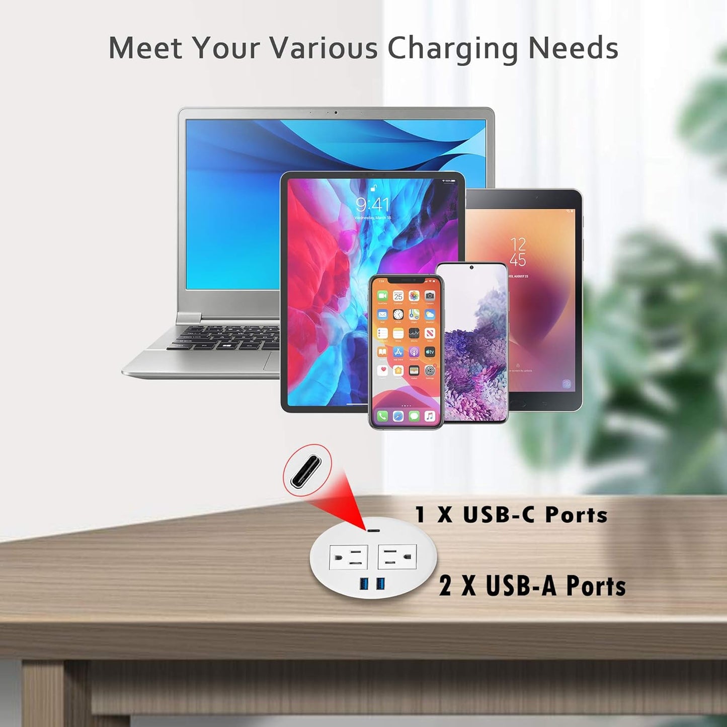Kungfuking Desktop Power Grommet with PD 20W USB C,Recessed Power Strip with USB Port, Desk Outlet Socket with USB C,2 AC Outlets and 3 USB Charging Port 6.56 FT Extension Cord