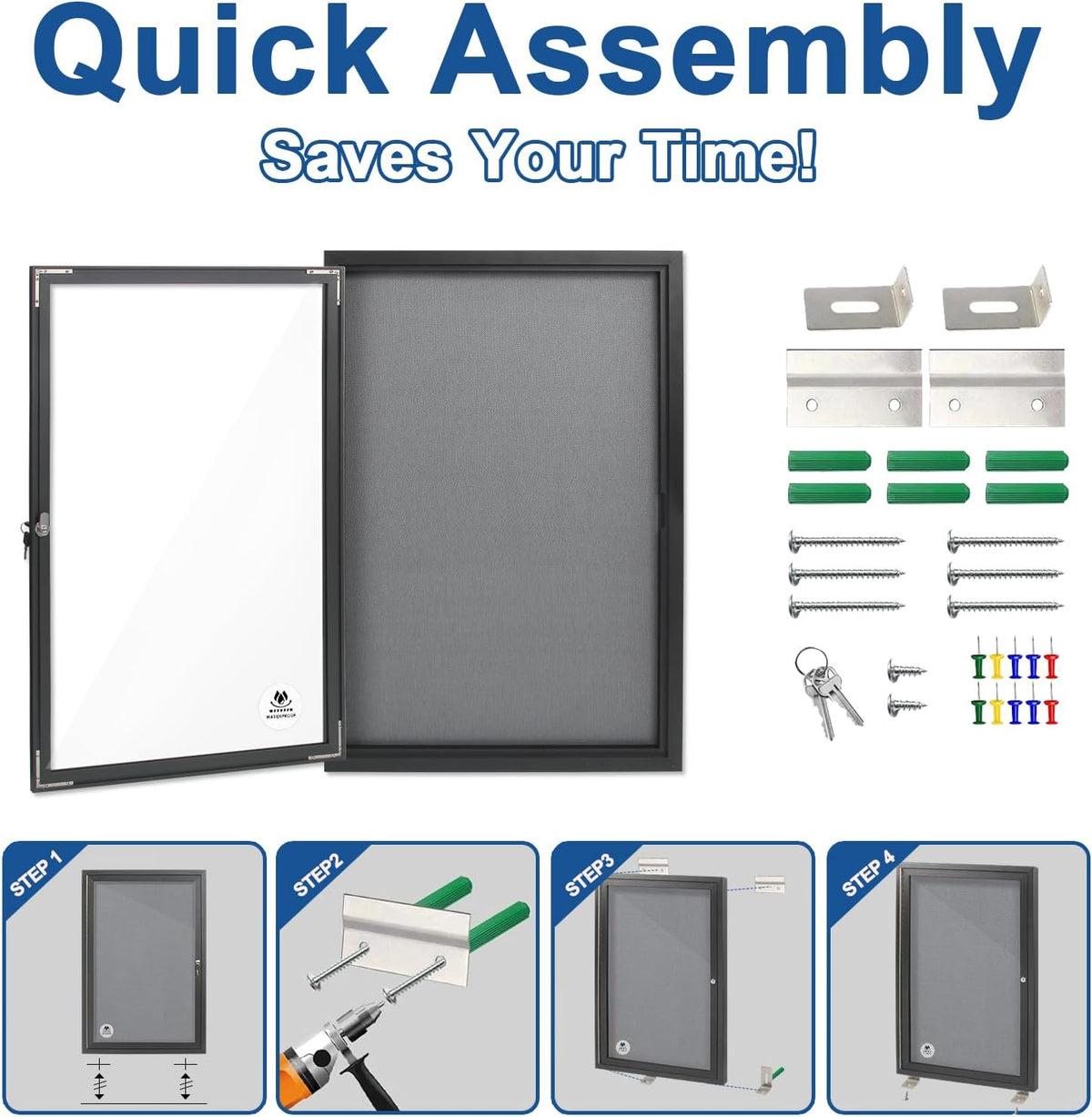 Lockable Outdoor Enclosed Bulletin Board,Weatherproof Cork Noticeboard with Locking Door, Wall-Mounted Aluminum Frame Display Case for Office, Home, School (Black Frame | Greyfelt Surface, 36x24 inch)