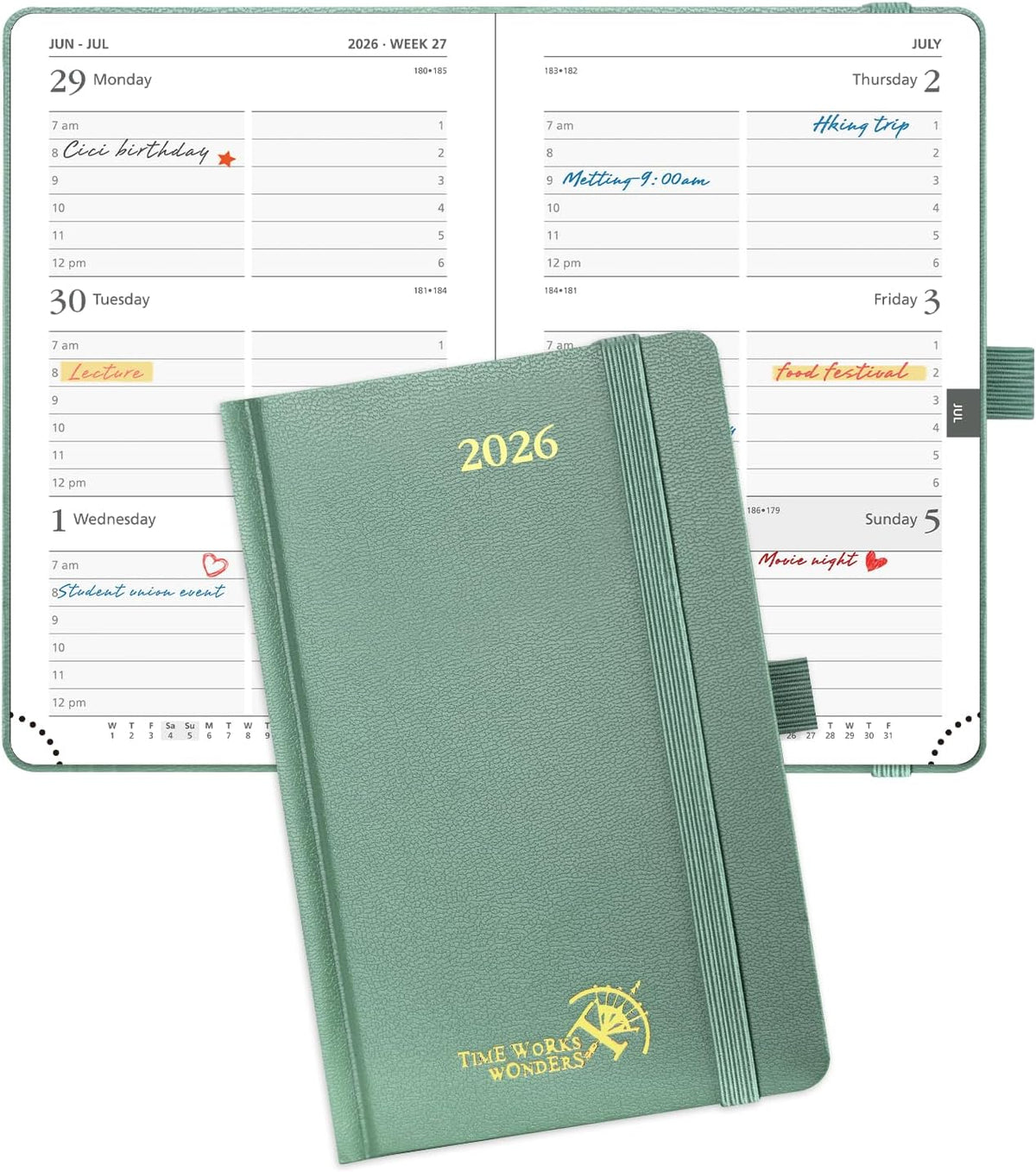 POPRUN 2026 Planner (Pocket Size 4''x 6.25'' Hardcover) - Small Calendar for Purse with Hourly Schedule & Vertical Weekly Layout, Monthly Calendars, 100 GSM - Midnight Green
