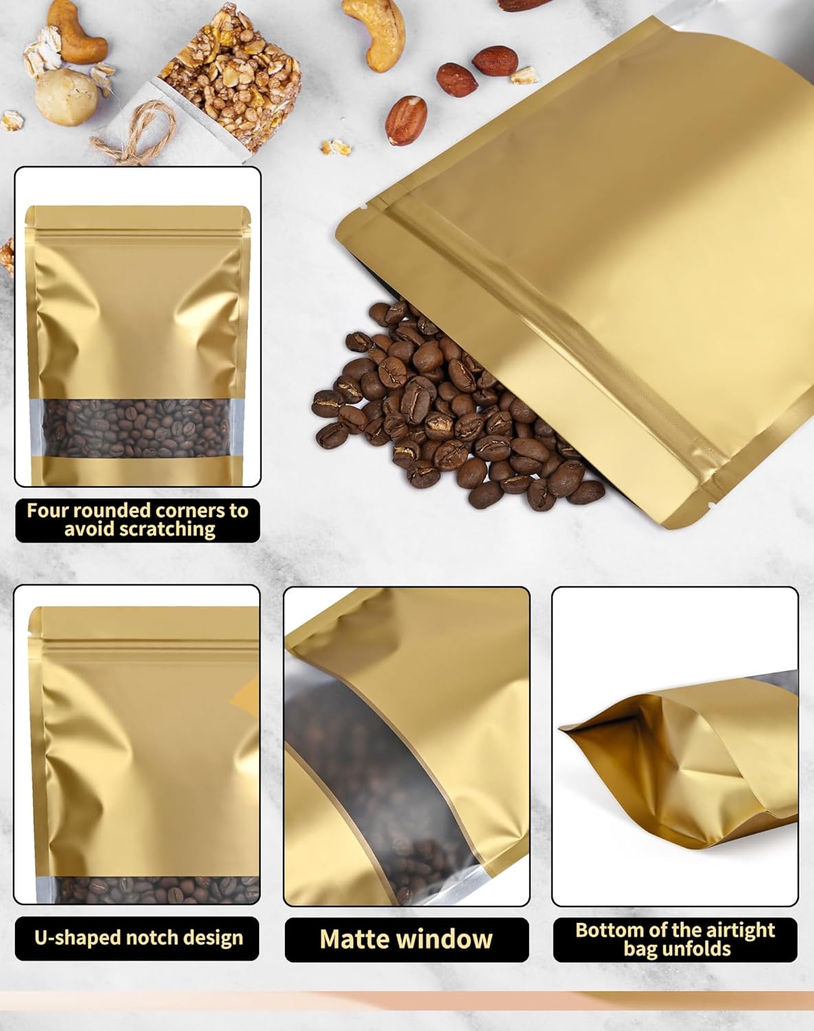 FireKylin 100 Pack Smell Proof Bags 5.9" x 8.6", Resealable Bags with Matte Window, Foil Pouch Stand Up Sealable Bags for Packaging(Gold)