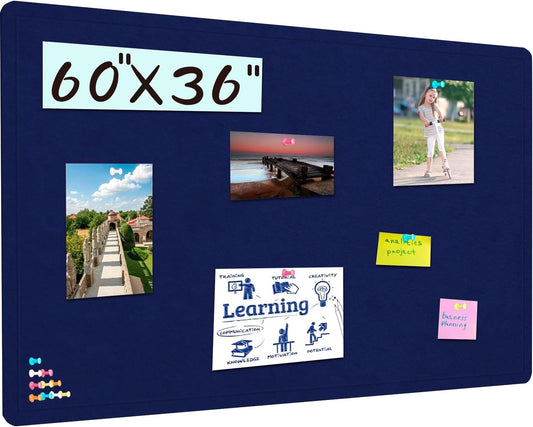 Large Bulletin Board, 60 X 36 inches Cork Board with 30 Pushpin, 5' x 3' Felt Cork Board Notice Pin Board, Self-Adhesive Vision Board Mood Board Foldable Photo Board for Wall - Dark Blue