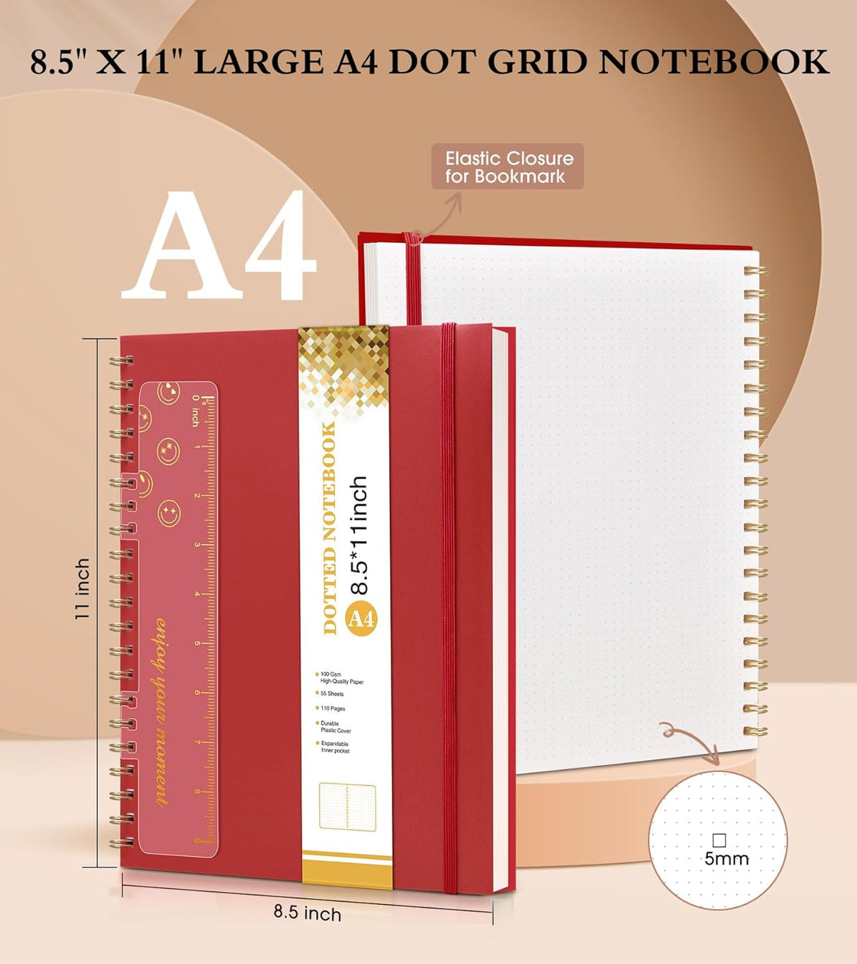 Dotted Notebook, Spiral Notebook Journal 8.5” x 11”, A4 Large Dot Grid Notebooks for Women Men, 100 GSM Dotted Paper, Plastic Hardcover Spiral Bullet Journals for Work School Sketching, Red