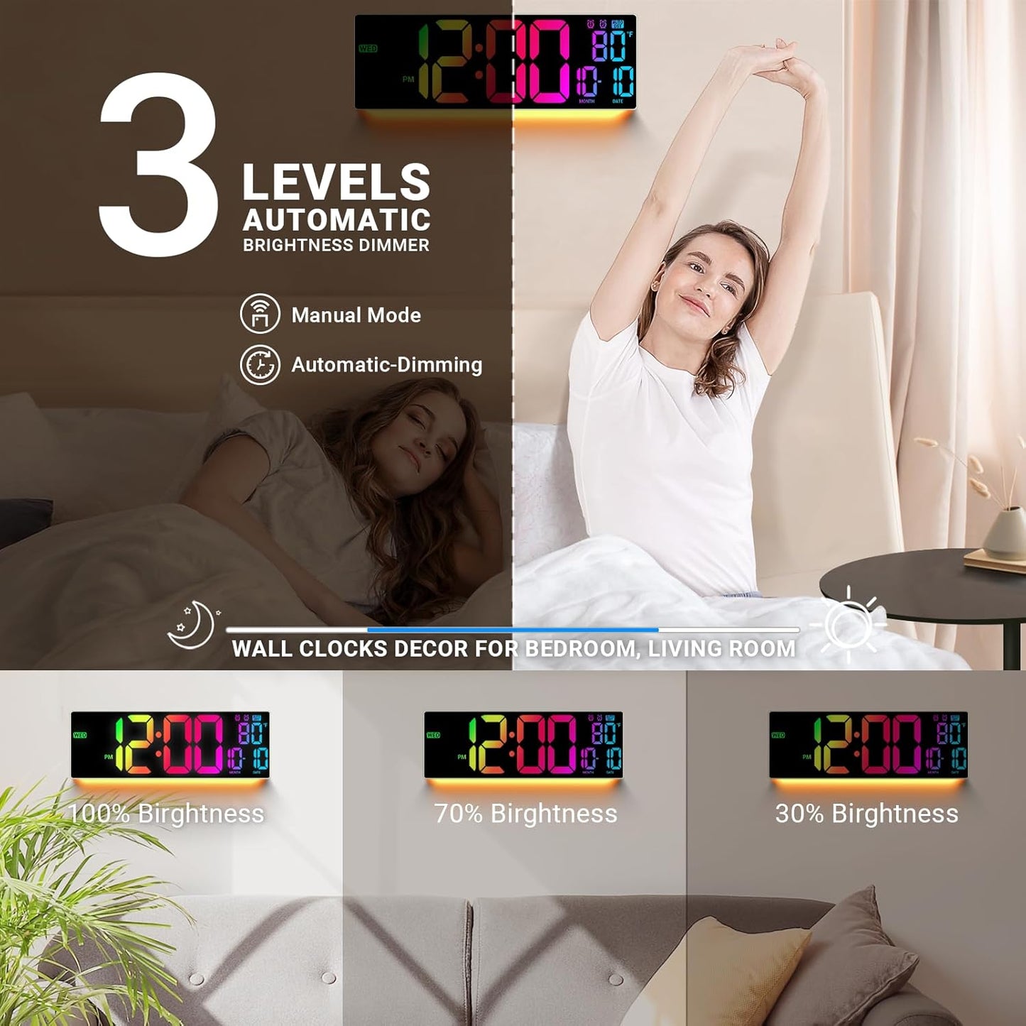 16.5" Large Digital Wall Clock: 11 RGB Colors Wall Mount Decor Clock for Living Room Bedroom Office Classroom, House Warming Gifts New Home Decor, Birthday Gifts for Men Women Khaki