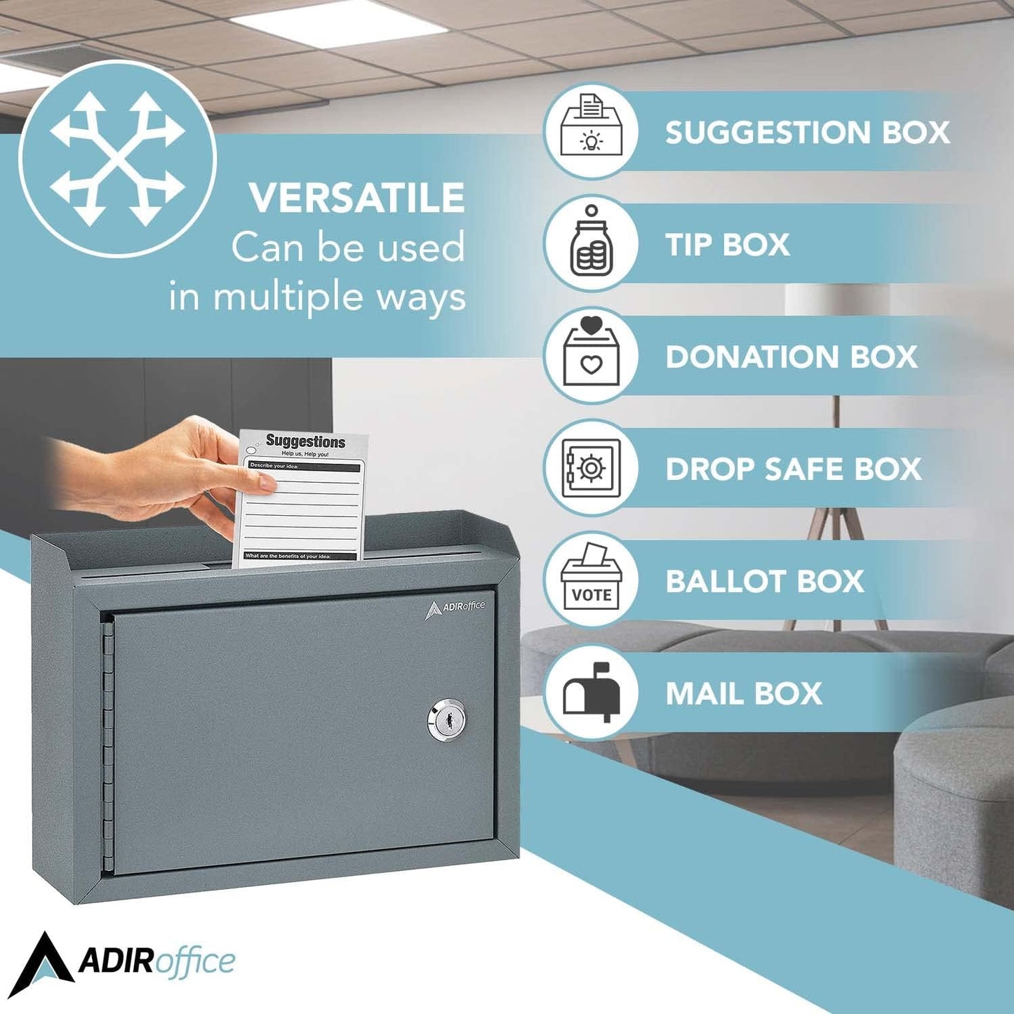 Adir Suggestion Box with Slot and Lock - Money Drop Box with Lock, Cash Dropbox - 9.8x7.5x3.4 Inches Wall Mount Donation Box - Metal Deposit Box in Gray