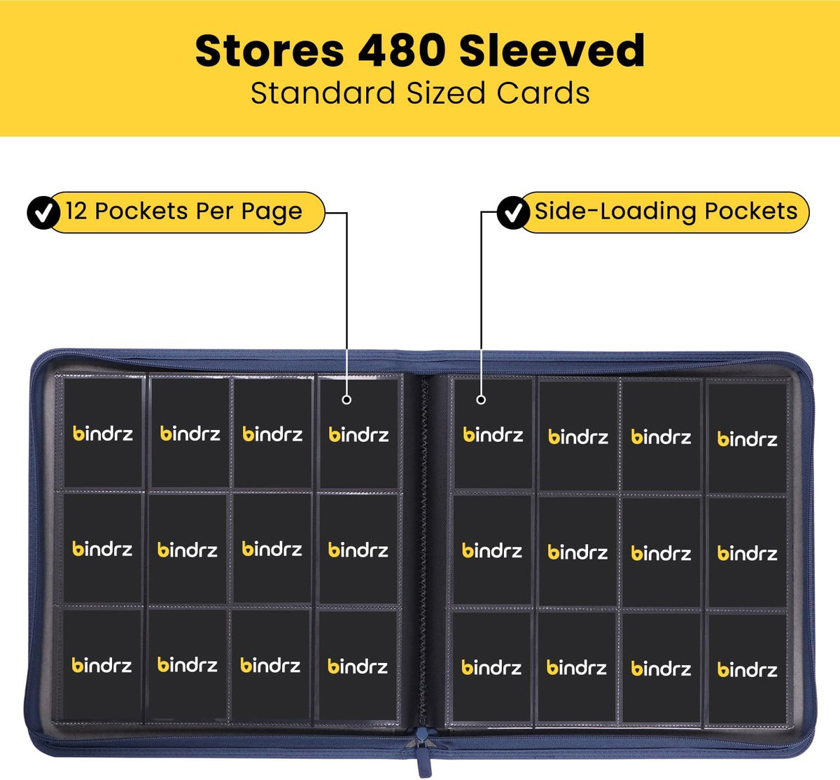 12 Pocket Zipper Binder for 480 Sleeved Trading Cards - Side Loading Pockets Album - Archival Safe Material and Compatible with TCG MTG and Sports Collectibles (Blue)