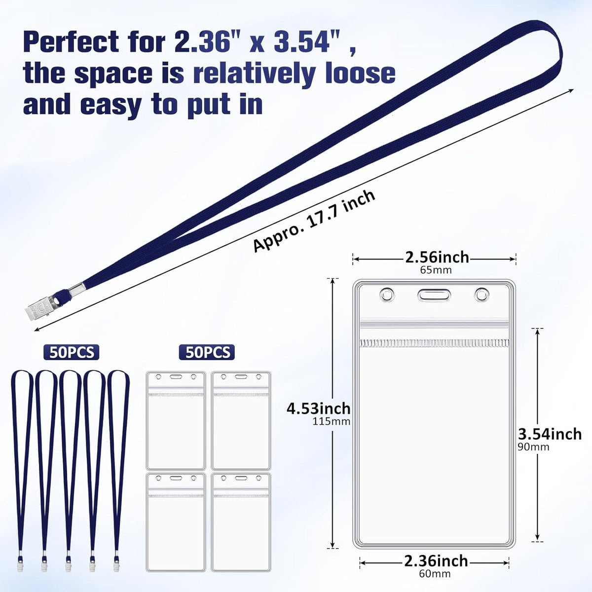 Marspark 100 Pcs Name Tag Lanyards with ID Holder Lanyards for ID Badges Resealable Flat Neck Name Tag with Clip Waterproof Plastic Clear Badges Bulk for School Office Supplies (Dark Blue)