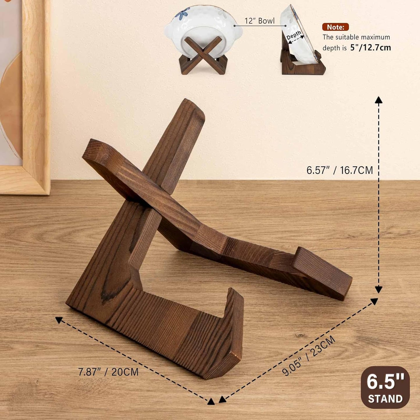 Bowl Stands for Display, 6.5 Inch Plate Holder, Wooden Easel Frame Holder, Display Stand for Large Deep Platters and Dishes, 6.5" H x 8.5" W x 7.8" D (For Bowls under 5" in Depth)
