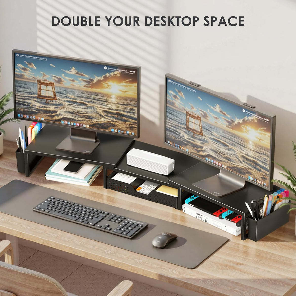 Desk Organizers and Accessories, Dual Monitor Stand Riser with Drawer and 2 Pen Holders, Desk Shelf Metal Computer Monitor Stand for Office Workspace Organizers, Desktop Organization (Black)