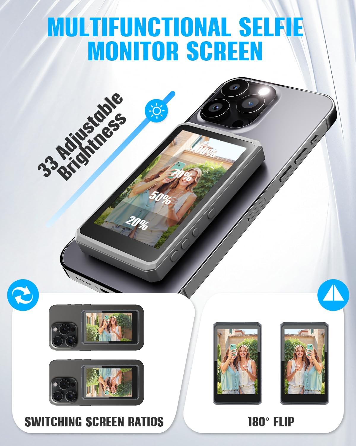 Vlog Selfie Monitor Screen, Magnetic Phone Selfie Screen 4K/1080p 60fps Bluetooth Remote, Back Camera Monitor Built-in Speaker for Vlog Live Stream TikTok (Grey)