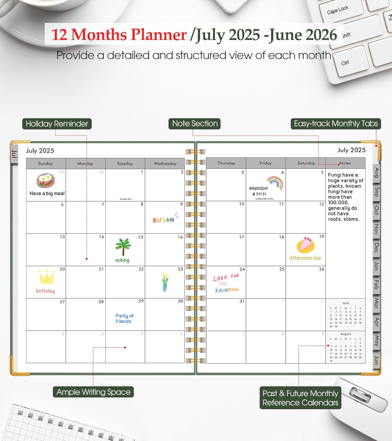 Academic Planner 2025-2026, Weekly and Monthly Calendar Planner from July 2025 - June 2026, 8.5" x 11" Hardcover Leather Hourly Appointment Book with Tabs, Spiral Daily Planners for College School Teacher Student, Green