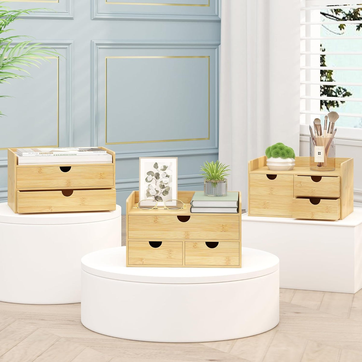 Desk Organizer with Drawers - Bamboo Desktop Organizer Storage | Wood Desk Drawers Organizer for Bills, Office Supplies, Cosmetics, Seals No Assembly Required (2 Drawer)