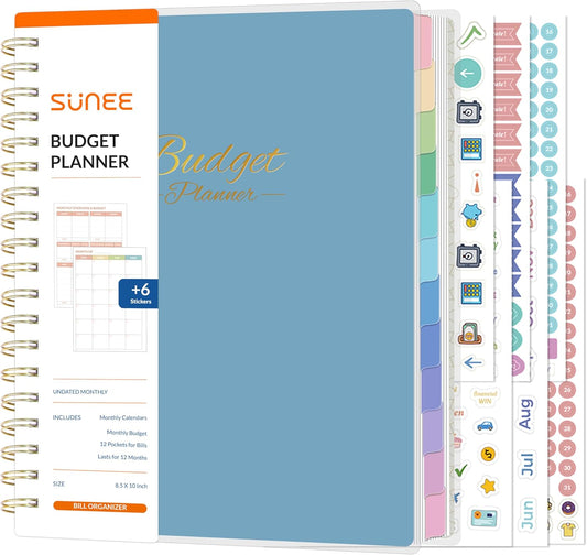 SUNEE Budget Planner - Deluxe Monthly Budget Book with 12-Pockets for Bill Organizer, Undated 12 Month Expense Tracker Notebook & Account Book B5 Size (8" x 10") to Manage Your Finance Planner, Blue