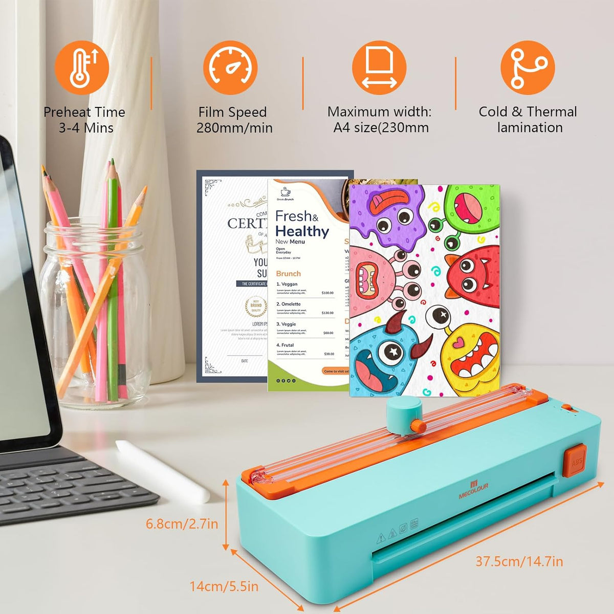 MECOLOUR Thermal Laminator Machine,3-in-1 Laminator with Built-in Paper Trimmer,Hole Punch & Corner Rounder,A4 Laminating Machine Fast 3-Min Warm-Up,Ideal for Teachers,Offices,Business or Home 110V