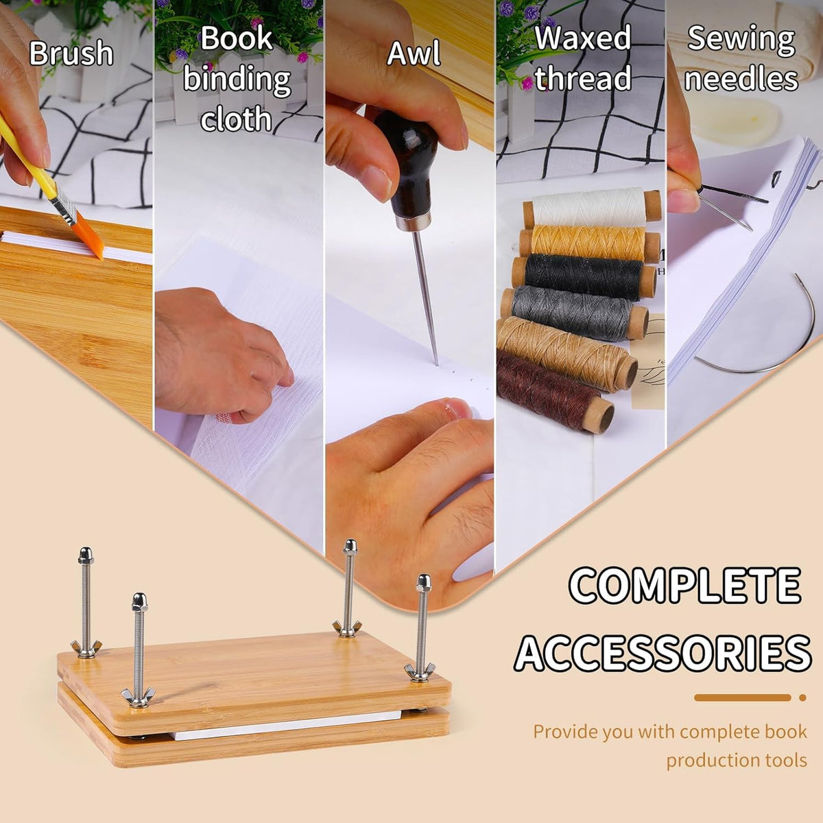 JUPEAN Book Binding Kits, Book Press, 7.9”x11.6”, Books Making Kit Bookbinding Supplies with Wooden Binding Press Books Cover Board Bone Folder Awl Bind Strap for DIY