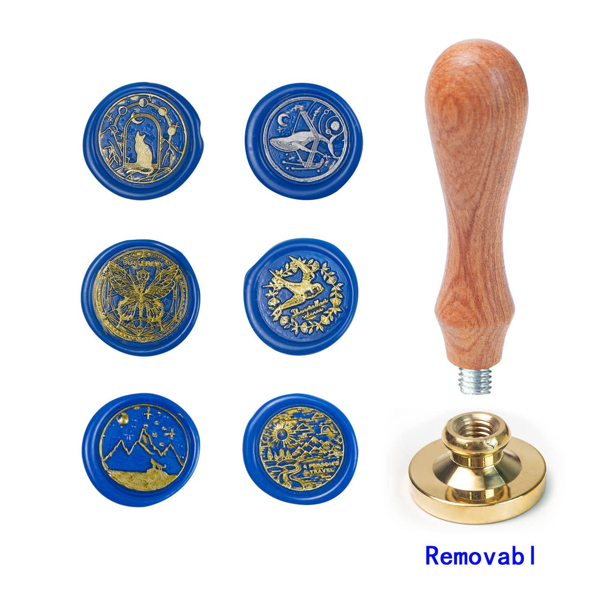 Animal Wax Seal Stamp Set with 6 PCS Removable Brass Heads and 1 Wooden Handle - Cat, Whale, Butterfly, Swallow Sealing Wax Stamp for Cards & Invitations