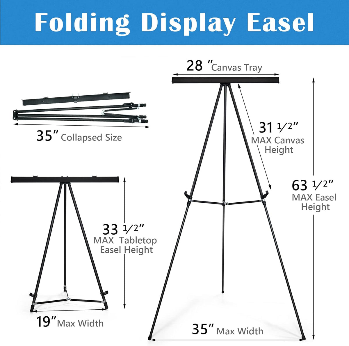 Falling in Art Aluminum Flip Chart Display Easel Stand with Adjustable Floor for Boardroom, Whiteboard, Paper Pads, Signage, 63 1/2'' High, Black