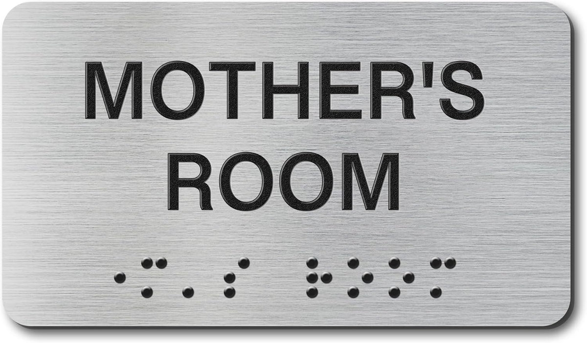 Mothers's Room Signs with Raised Text & Grade 2 Braille, Brushed Aluminum/Silver Finish Easy Install with Double-Sided Tape, ADA Compliant Mothers's Room Door Sign for Businesses & Offices