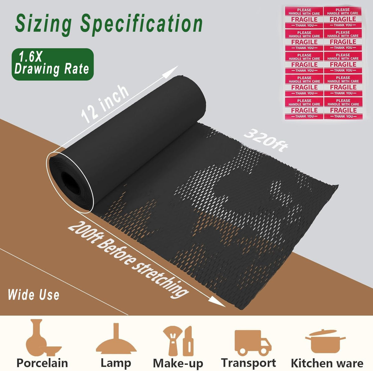 Honeycomb Packing Paper, 12" x 200' Packing Paper Substitute Alternative for Bubble Cushioning Wrap for Moving Shipping Packaging, Recyclable Moving Supplies Bubble Packing Wrap Roll-Black