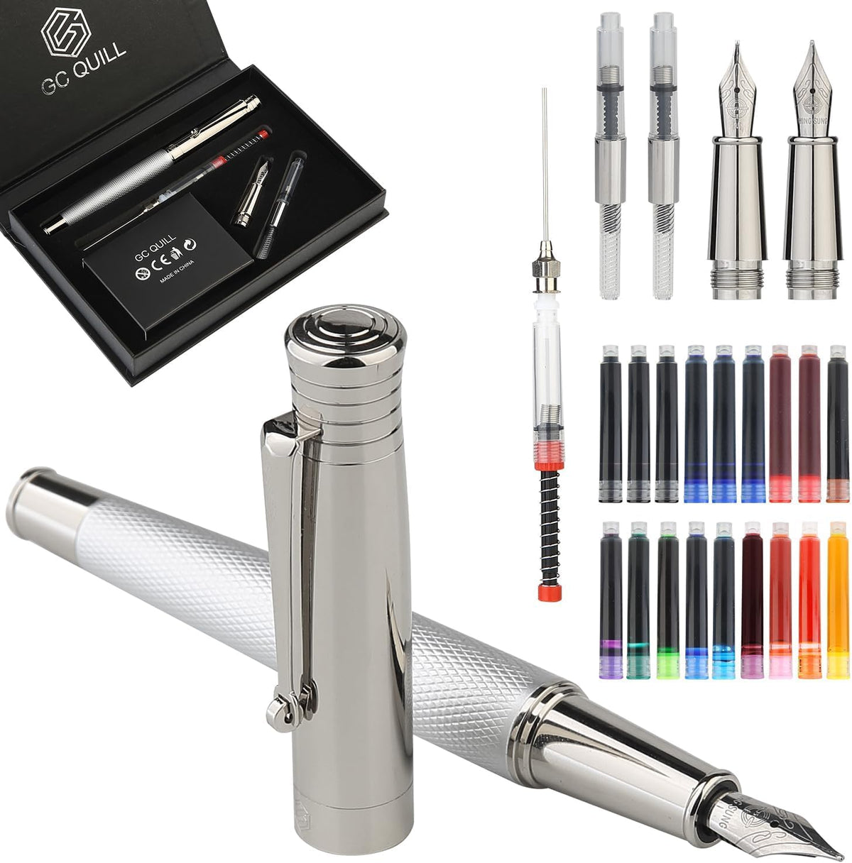 GC QUILL Fancy Fountain Pen Set – Fine and Medium Nibs, 18 Ink Cartridges, Ink Converter, Syringe Filler, Luxury Pen Gift for Men Women, Nice Pen for Writing Journaling – MU-14