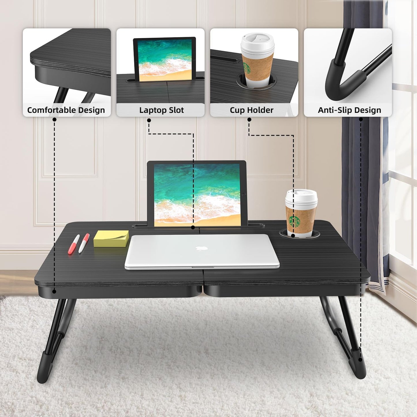 BUYIFY Portable Foldable Laptop Desk for Bed and Couch, Adjustable Lap Desk with Cup Holder and Phone Holder, Ideal for Working, Reading, Writing, and Breakfast (Black)