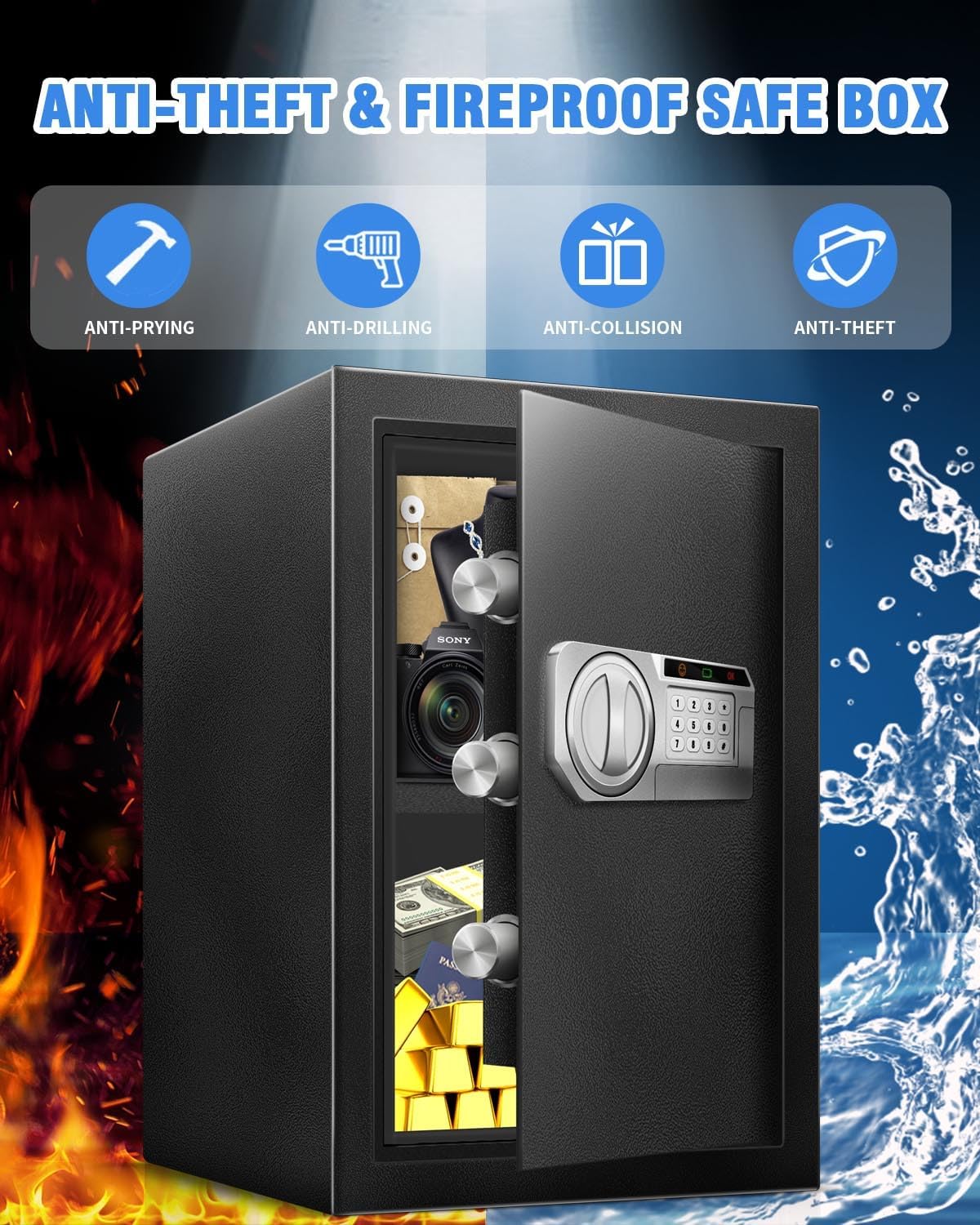 2.5 Cu Ft Safe Box for Home Documents -Steel Electronic Digital Safety Box Personal Security Lock Box with LED Sensor Light External Power Compartment for Office Money Jewelry Valuables