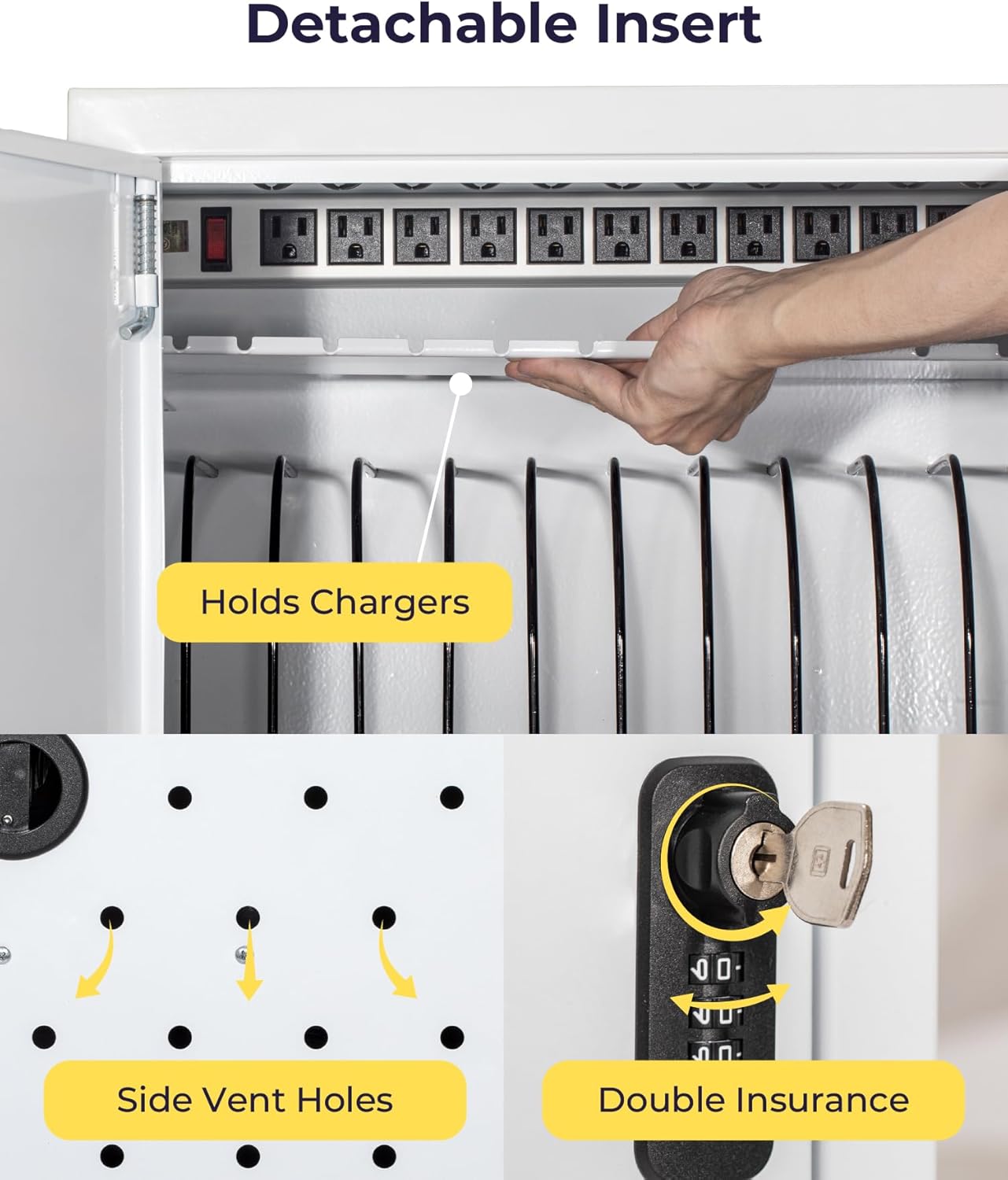 Volcora 12 Device Charging Cabinet for Laptop, Tablet, Chromebook, iPad, Wall Mounted Locking Charging Station with Keys, Surge Protection, Cable Management for Classroom, School Supplies, White