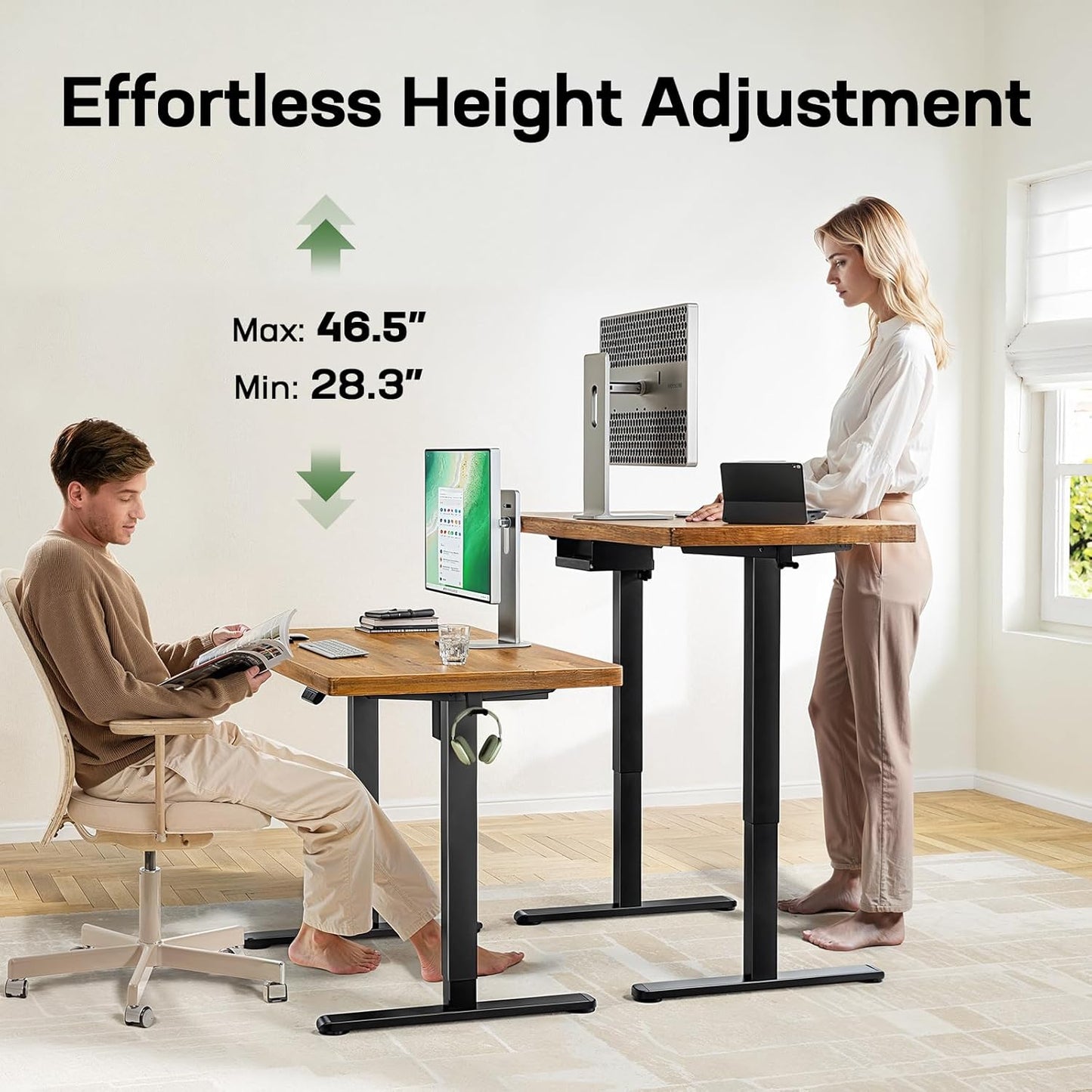 Marsail 48 x 30 Electric Standing Desk with One-Piece Desktop, Sit Stand Desk with Thickened Tabletop, Height Adjustable Stand Up Desk with Cable Management for Home Office(Frame+Desktop, 2 Packages)
