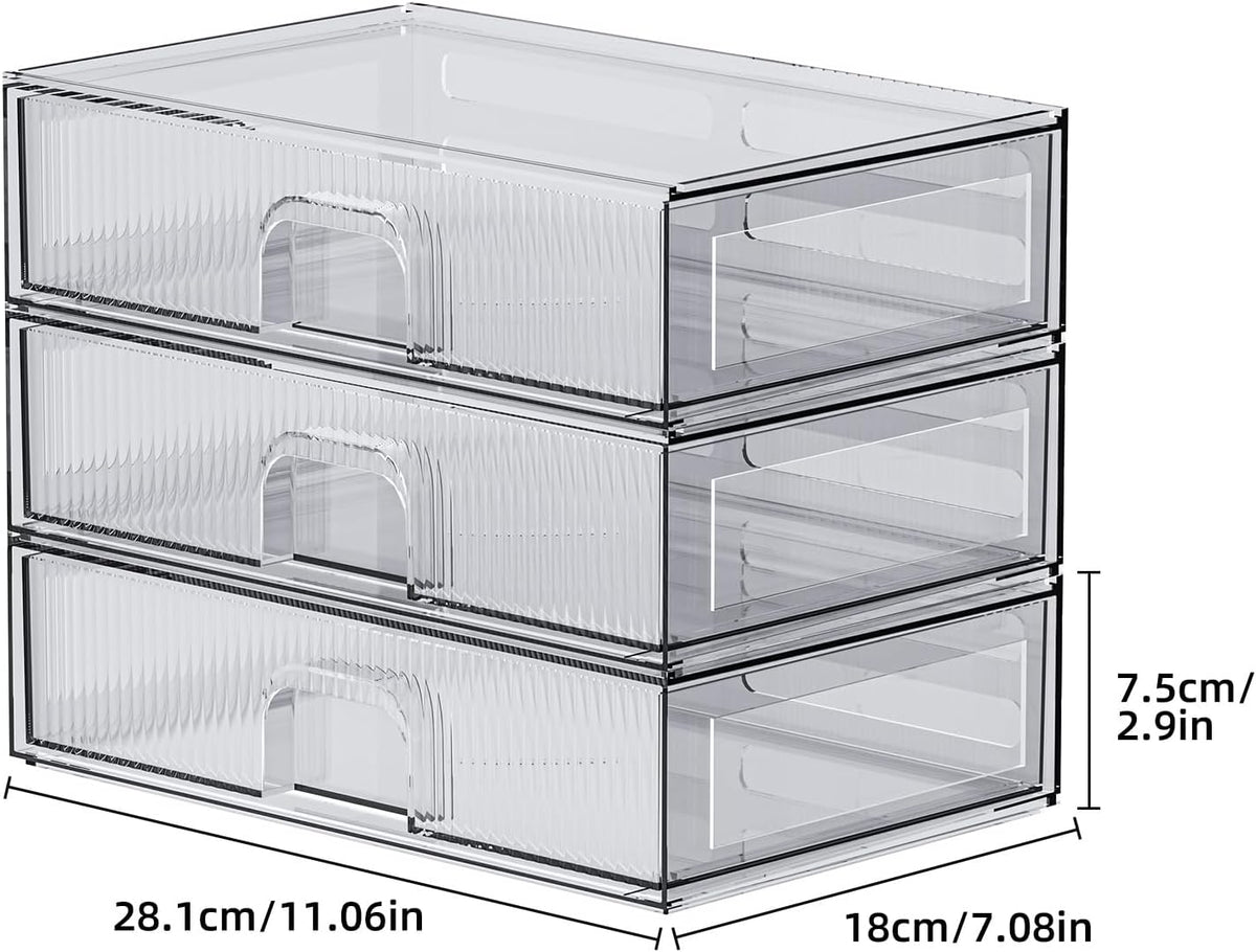 ZHIAI Stackable Storage Drawer, 3 Piece Acrylic Organiser for Cosmetics and Beauty Products, Suitable for Dressers, Bathrooms, Cabinets, Storage Rooms, Bedrooms and Home Organisers