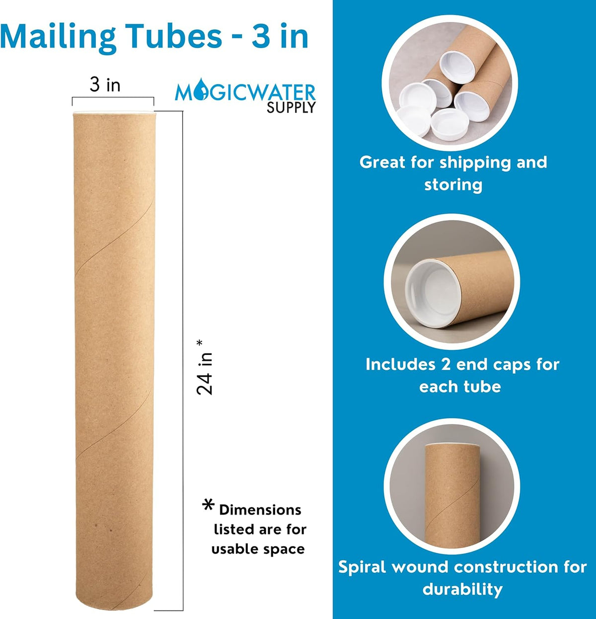 MagicWater Supply Mailing Tube - 3 in x 24 in - Kraft - 2 Pack - for Shipping and Storage of Posters, Arts, Crafts, and Documents