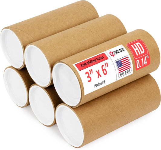 3" x 6" Heavy-Duty Reinforced Cardboard Mailing Tube, Pack of 6 Tubes with 12 Caps – Secure USPS Approved – Great for Shipping and Storing of Prints, Artwork, Posters or Documents