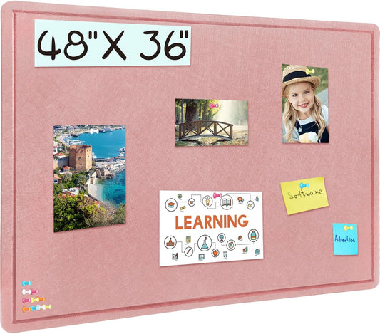 Large Bulletin Board - 48 X 36 inches Decorative Felt Pin Board - 4' x 3' Cork Board Alternative for Wall - Foldable Photo Board Self-Adhesive Vision Board Prayer Board with 30 Pushpins - Pink