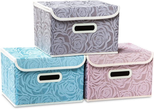 PRANDOM Collapsible Storage Boxes with Lids Fabric Decorative Storage Bins Cubes Organizer Containers Baskets with Cover Handles Divider for Bedroom Closet Living Room 9.8x7.9x6.7 Inch 3 Pack