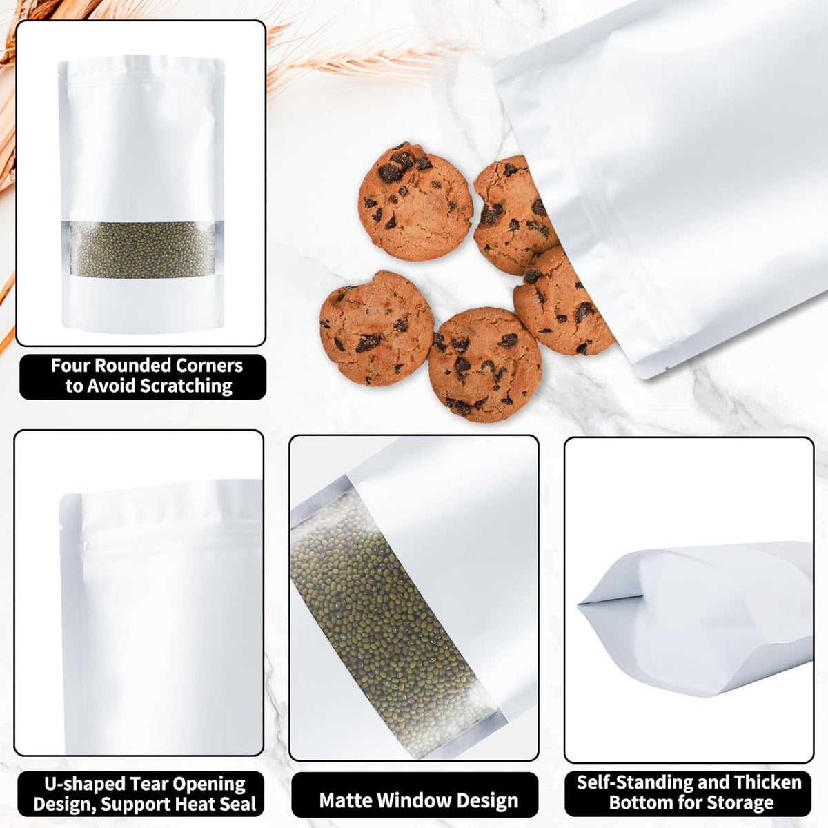 100 Pack Smell Proof Bags, Resealable White Mylar Bags with Matte Window, Foil Pouch Stand Up Sealable Bags for Packaging, 5.51 × 7.87 Inch