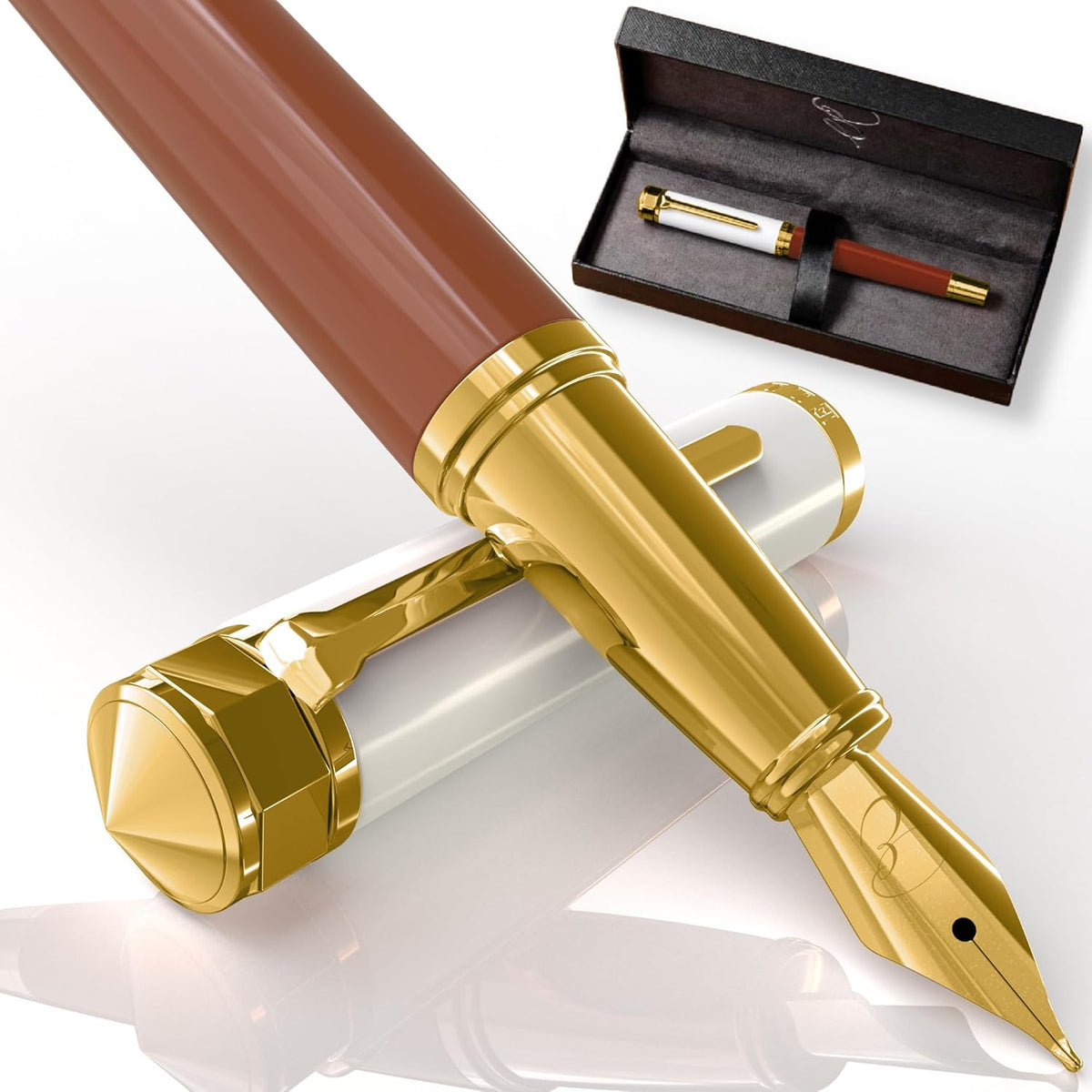 Luxury Fountain Pen Set- Fountain Pens for Writing - Smooth Medium Nib - Includes Refillable Ink Converter, 3 Ink Cartridges [Black & Blue], Gift Box - Elegant Calligraphy