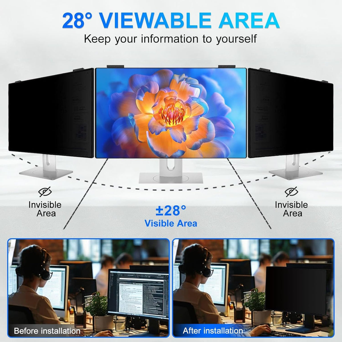 Magnetic 24 Inch Privacy Screen for Computer Monitor 16:9 Aspect Ratio, Hanging Removable Anti-Blue/Glare Protector Film, Anti Spy Desktop Security Private Filter 24in