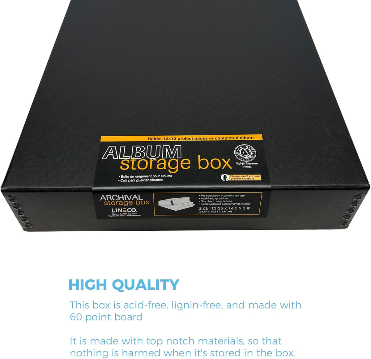 Lineco 12x12 Archival Scrapbook Storage Box, Acid Free Drop-Front Box with Removable Lid. Preserves Photos, Documents, Crafts, Cards, Magazines, Prints, Albums and Paper Projects, Black