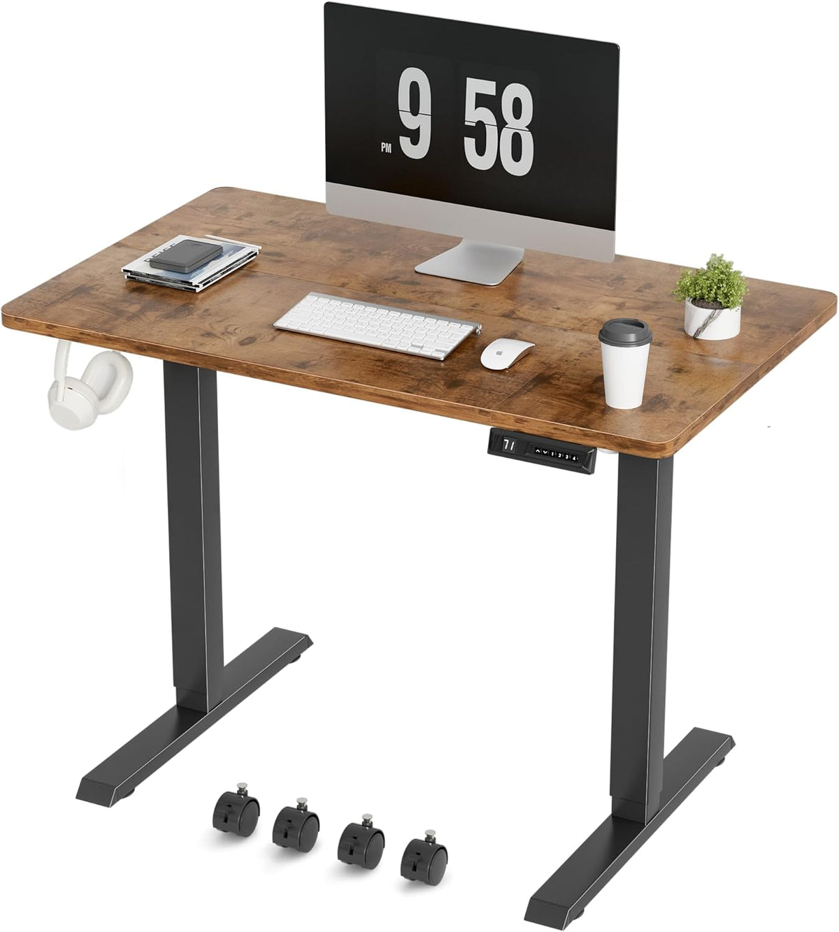 Furmax Electric Standing Desk, 39 x 24 Inches Height Adjustable Desk with Removable Casters, Home Office Computer Desk (Brown)