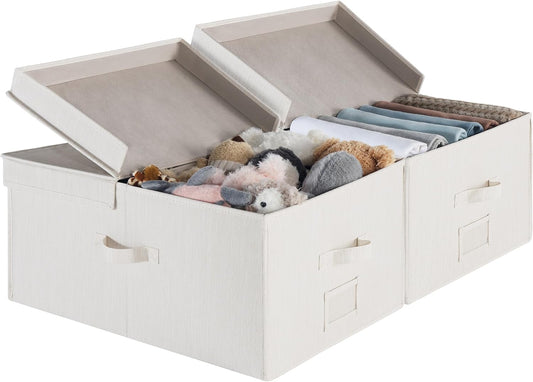 StorageWorks Extra Large Storage Bins with Lids, 55L Decorative Storage Bins with Double-Open Lid and Divider Board, Fabric Bins with Handles, Mixing of Beige, White & Ivory, 2-Pack
