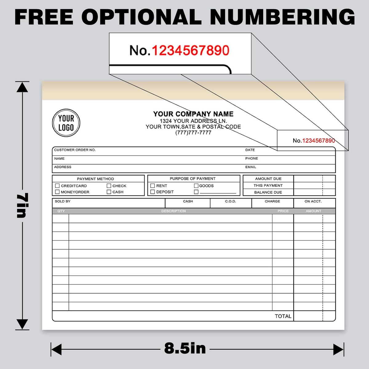 Custom Sales Invoice Personalized Carbonless NCR Forms with Company Name/Logo Personalized Invoice, Receipt Book, Work Sales Purchase Orders, Estimates, Quote Forms 8.5" x 7" - 2 Part(100 Sets)