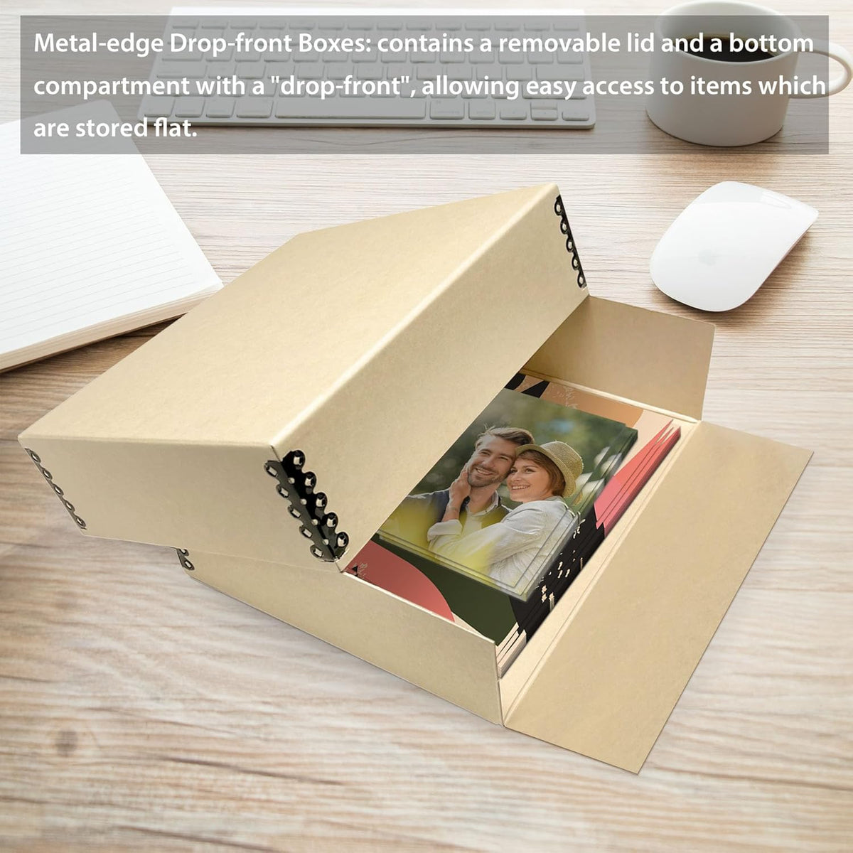 Golden State Art, Archival Storage Box, Acid-Free Drop Front Museum Box with Metal Edge for Storing Artwork Photos Documents Prints Arts And Crafts (Tan-17.75x22.75x3 Inches)