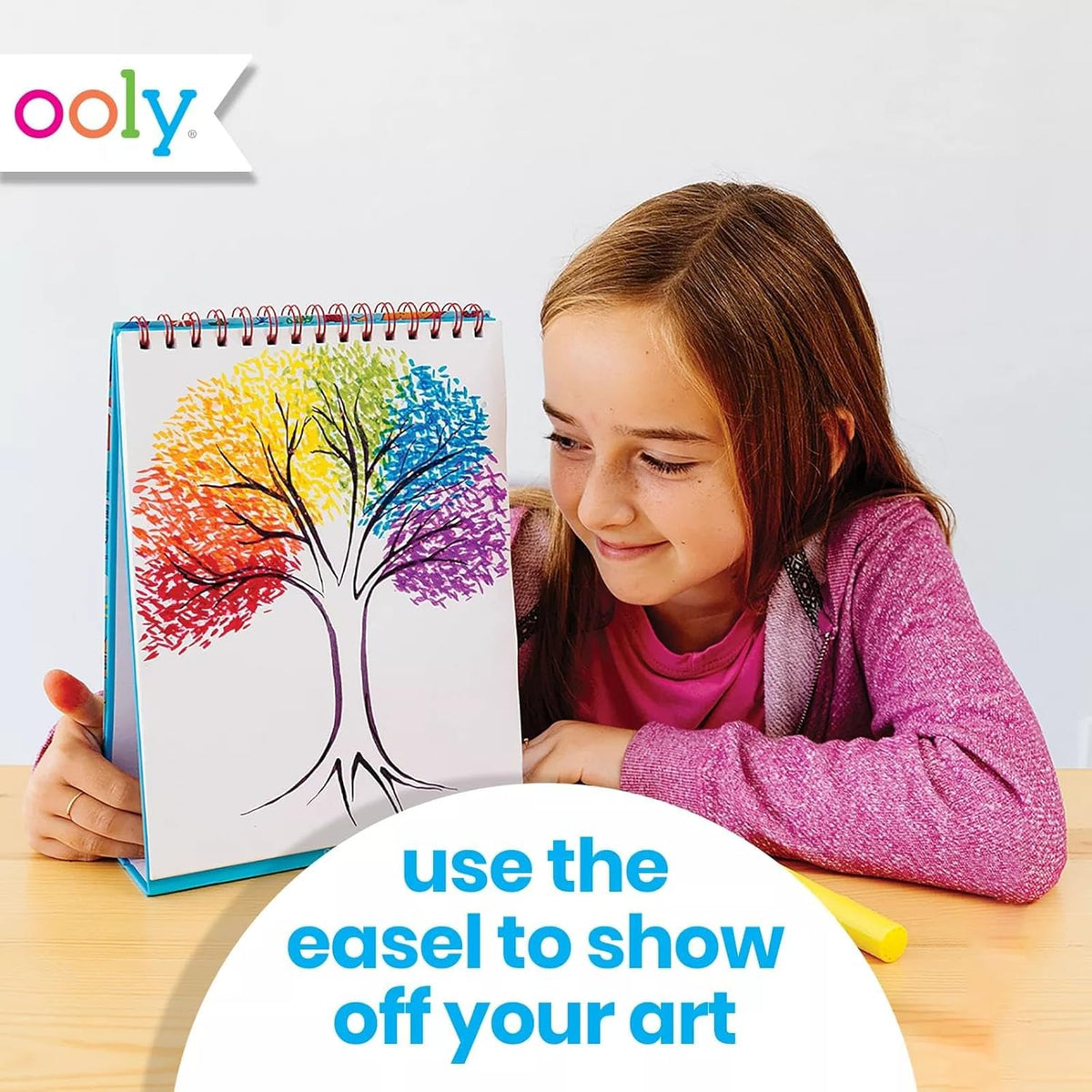 OOLY Sketch and Show Standing Sketchbook with 45 Large 10.5 x 8 Perforated Pages, 120 GSM/ 32lb Perfect for Markers, Colored Pencils, Back to School Supplies - Cute Doodle World