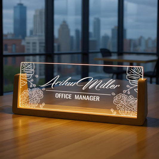 Custom Name Plate for Desk with Light Up Acrylic & Wooden Base - Personalized Office Sign for Teacher, Boss, Coworker - Employee Appreciation Gift for Educators Professionals